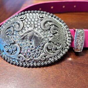 Girls Nocona Pink Western Leather Belt with Silver Horsehead Buckle